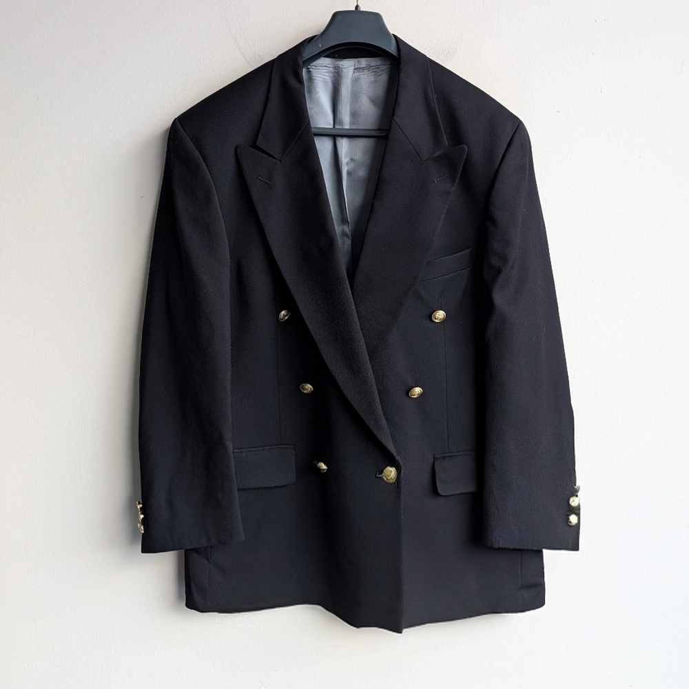 Bachrach 100% Pure Virgin Wool Black Double-Breasted Blazer Suit Jacket
